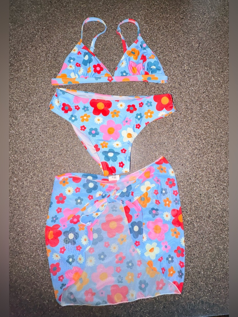 SHEIN Light Blue Floral Kids Bikini Set with Sarong